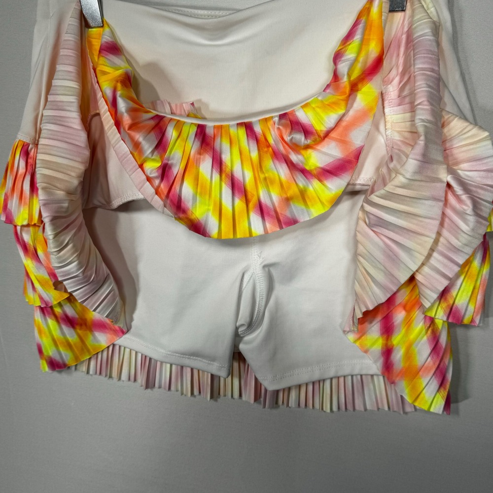Lucky in Love Pleated Ruffle Tennis Skirt White Pink Yellow Tie Dye‎ Size S - Picture 6 of 6